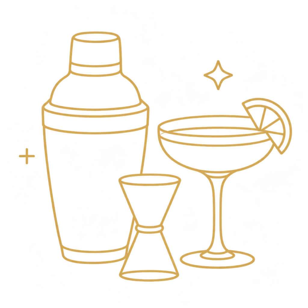 Gouden lijnillustratie van een cocktailshaker, maatbekertje en cocktailglas